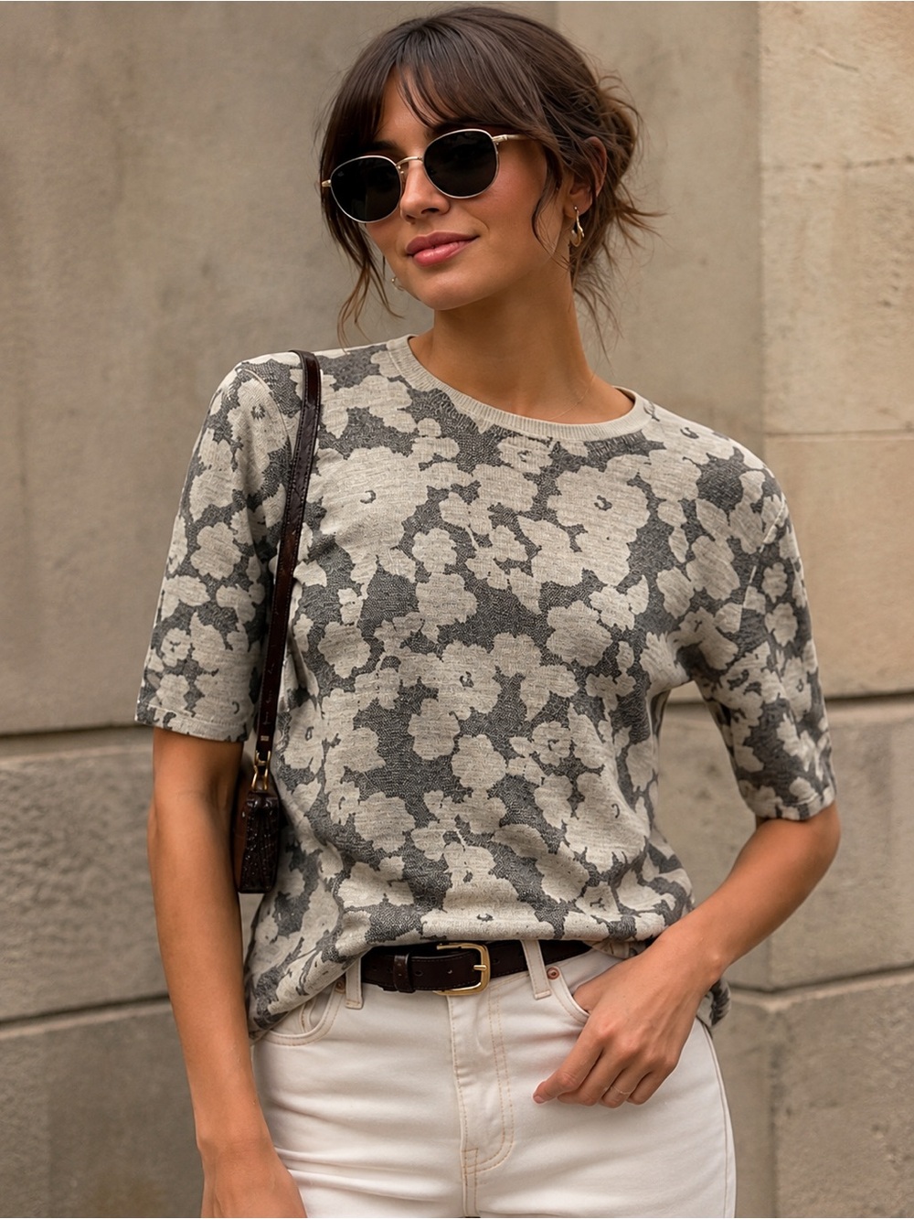 Hugo Boss Merino Superfine Wool Floral Jacquard Short Sleeve Sweater
